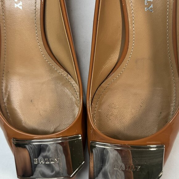 Bally Heline Patent Calf Leather Low Heels w/ metal Logo Plaque Brown 36 US 5.5 - Picture 10 of 16